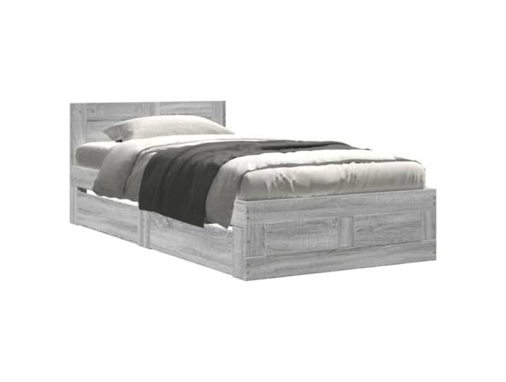 PUGYNBK Bett mit Schubladen, Holz, Grau, Sonoma, 75 x 190 cm Lattenrost inklusive, Kopfteil für Unterstützung, integrierte Aufbewahrung, ohne Matratze