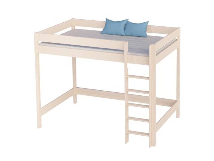 KidsComfort Hochbett 90x180 cm Gebleichte Eiche Kinderbett mit Leiter Jugendbett 90x180 cm Kinderhochbett ab 6 Jahren Rollrost aus Massivholz Einstieg links oder rechts