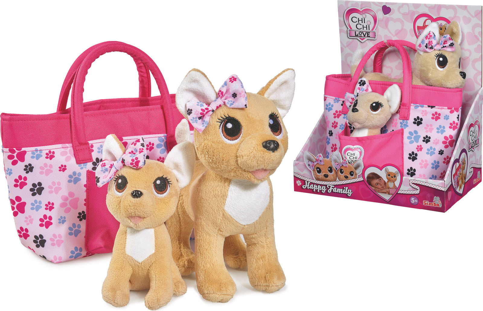 Simba Toys ChiChi LOVE Happy Family Chihuahua knuffelhonden met strikjes en hondepoten tas