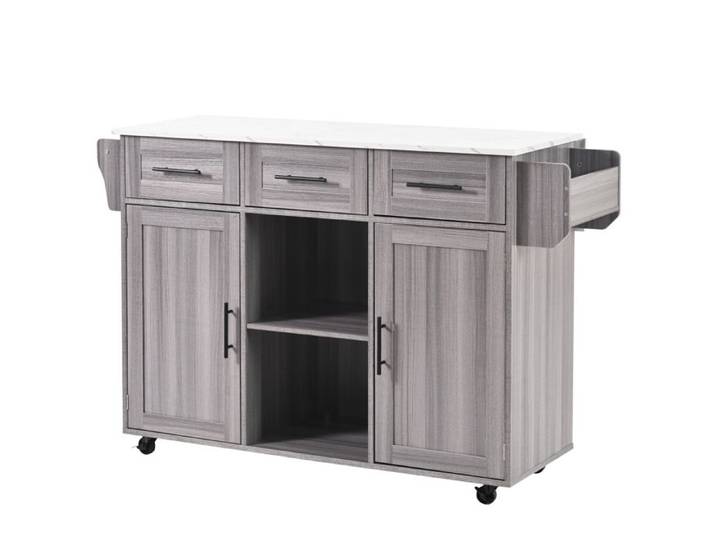VLIVRA Desserte cuisine 3 tiroirs portes rangement plateau rabattable MDF gris