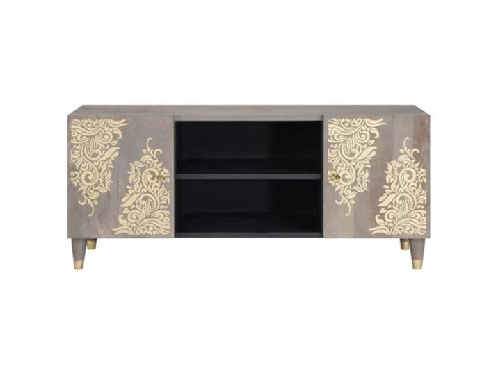 KTHLBRH TV-Schrank Grau 105 x 33 x 46 cm Mangoholz massiv Mit Messinggriffen, 2 Türen, Einlegeboden, Goldprägung, Wohnzimmer