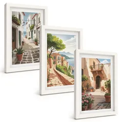 BILDER SET 3er Set - 20x30 cm Weißer Rahmen - Straßen, Häuser, Pflanzen, Töpfe