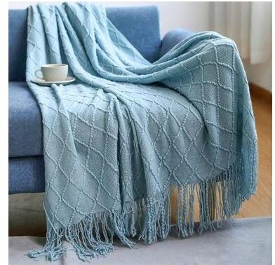 Uplift Picks Nordic Knitted Throw Blanket With Tassels Soft Textured Sofa Cover lake Blue 130x230 Cm