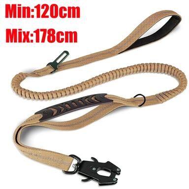 Inspired Living Reflective Heavy Duty Bungee Dog Leash With Car Seatbelt Clip long Khaki