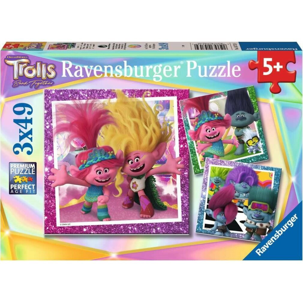 Ravensburger Kinderpuzzel Trolls 3 met 3 puzzels van elk 49 stukjes