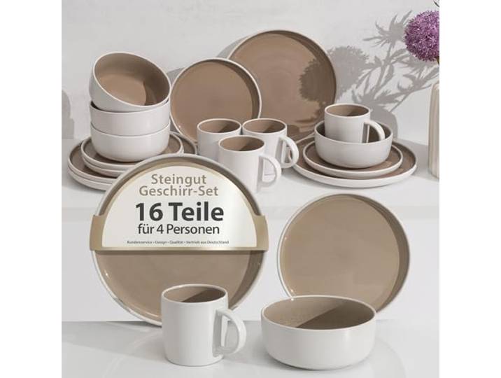 Hausfelder Geschirrset 4 Personen 16teilig, Steingut Geschirr Set, Steingutset mit Speiseteller Frühstücksteller Schüsseln Becher, Mikrowellen & Spülmaschinenfest
