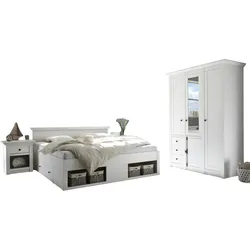 SCHLAFZIMMER-SET 3-teilig Pinie weiß mit Doppelbett, Kleiderschrank und Nachttisch