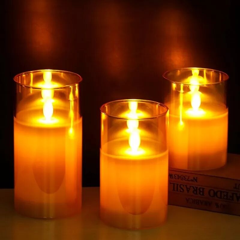 INF 3er Set LED-Flammenlose Kerzen mit Glasbecher und Fernbedienung Transparent