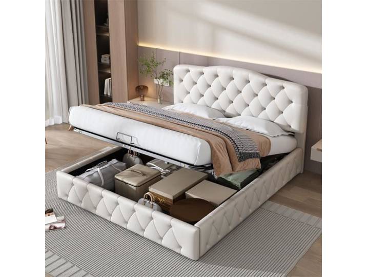 Lit Double DRIPEX - Modèle rembourré avec sommier - Tête de lit réglable en hauteur - Cuir synthétique Blanc