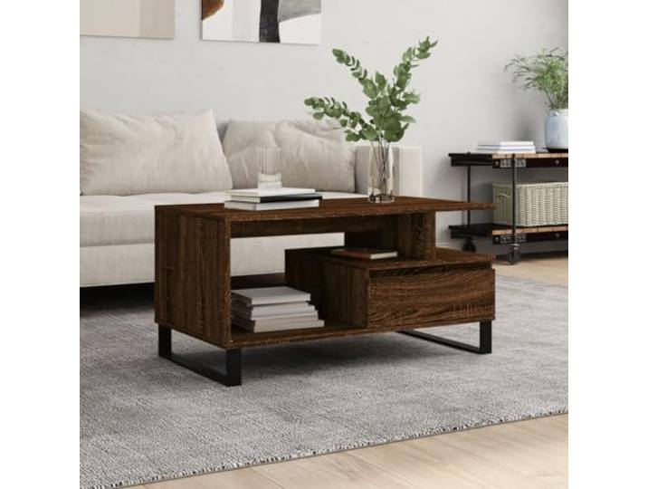 HEFZGDB Couchtisch Braun Eichen-Optik 90x49x45 cm Holzwerkstoff mit Schublade und Metallbeinen für Wohnzimmer Stauraum