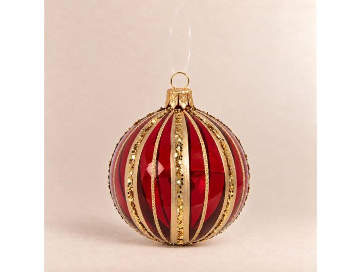 Weihnachtskugel aus rotem Glas mit goldenen Streifen