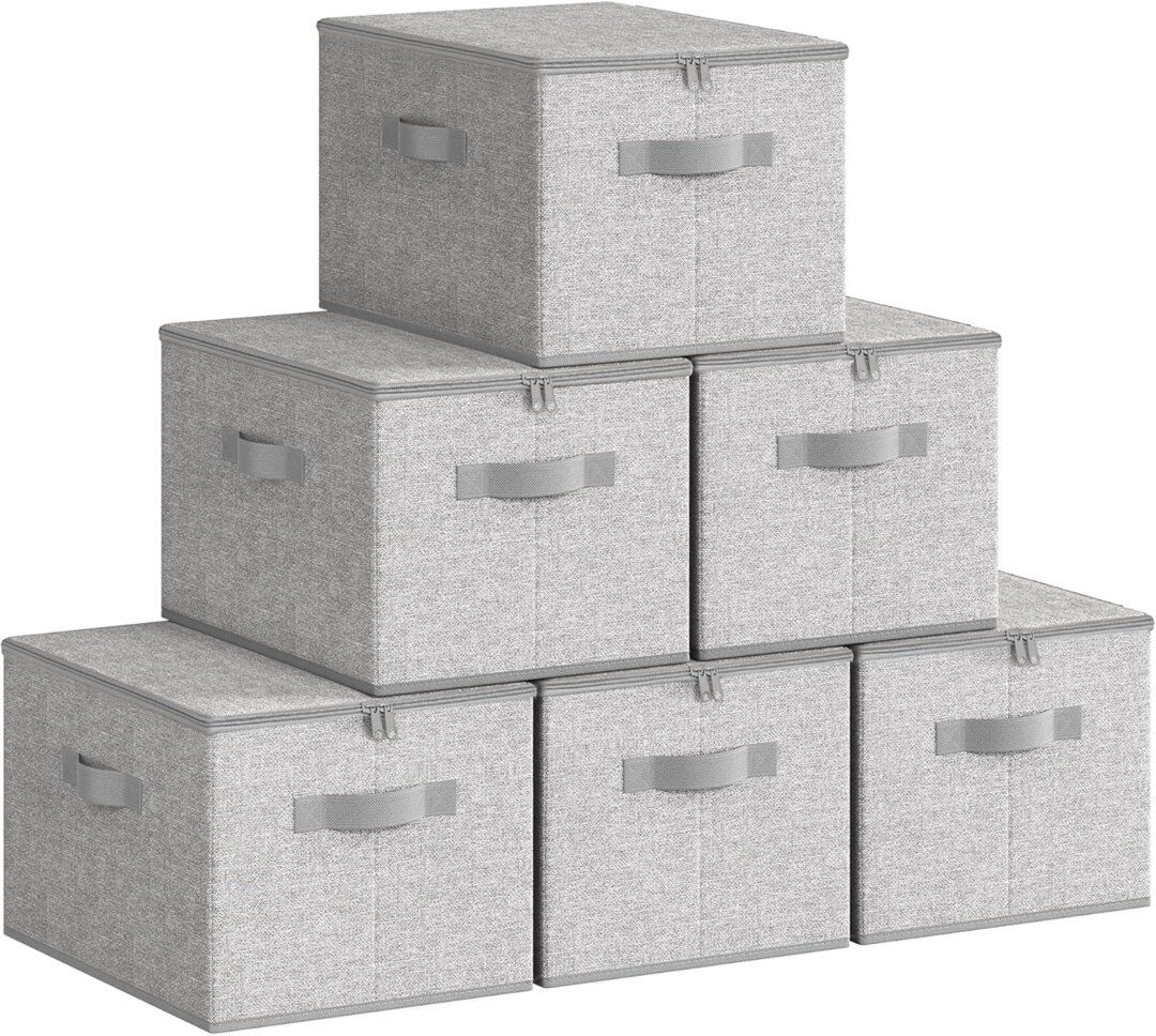Brayden Studio Foldable Storage Organiser Boxes, Set Of 6 Storage Basket Bins With Lids, Handles, Clothes Organiser, 40 X 30 X 25 Cm, Non-Woven Fabric Grey