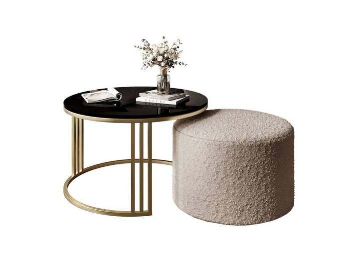 COUCHTISCH mit Hocker LORI Hochglanz gebürstetes Gold/Schwarz glänzend/Coral 50