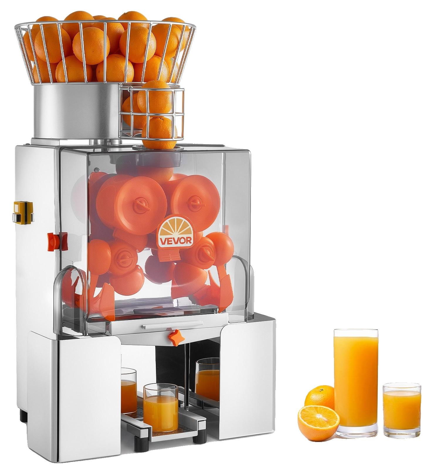 VEVOR Gewerbliche Orangenpressmaschine, 120W Elektrische Automatische Orangenpresse, Zitronen Citrus Granatapfel Extraktor für 20 pro Minute, Edelstahl, mit Schalenauffangbehälter, PC-Abdeckung, Kein Wasserhahn