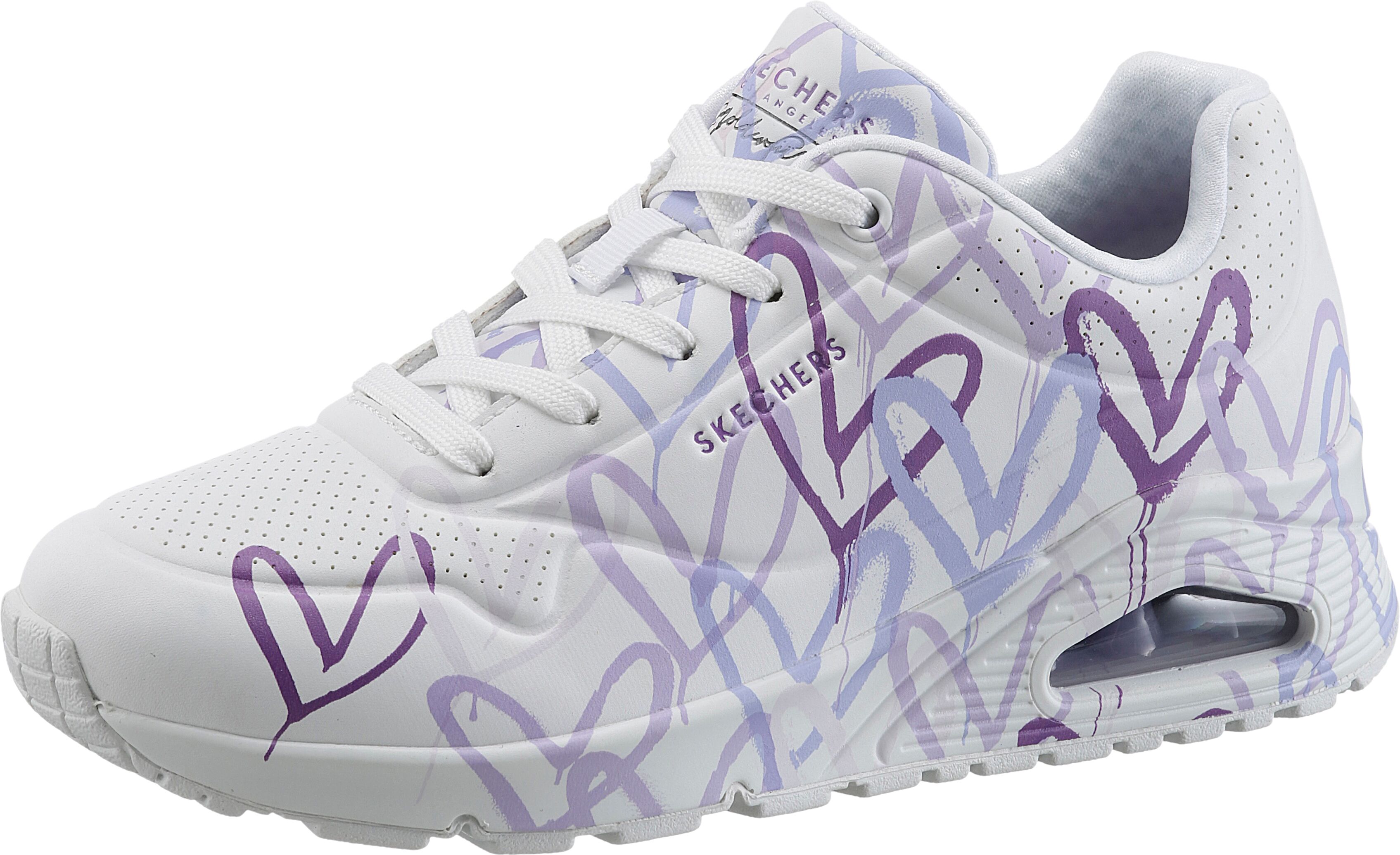 Wedgesneaker SKECHERS "UNO-SPREAD THE LOVE", Damen, Gr. 38, lila (weiß, lila), Lederimitat, kontrastfarbene Details, Schuhe Wedgesneaker, Freizeitschuh, Halbschuh, Schnürschuh mit coolem Graffiti-Print weiß, lila 38