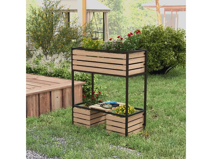 Outsunny Jardinière Surélevée 3 Bacs 83x39x100cm Nature/Noir