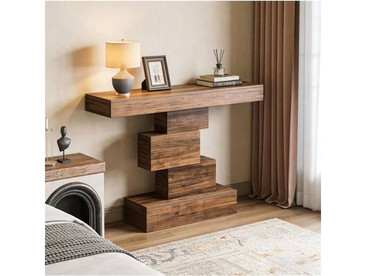 MEULVA Table console d'entrée 108 x 30 x 80 cm style moderne effet bois brun foncé base géométrique