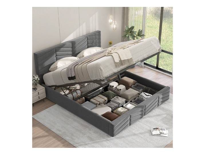 Odikalo Stauraumbett Polsterbett Lattenrost Kopfteil Holzlatten Samt Beige/Grau 140/180x200