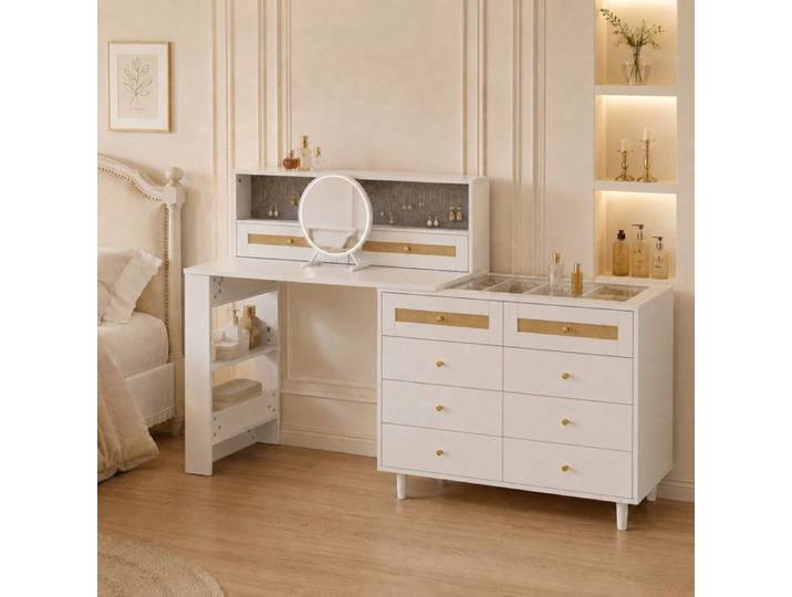 Coiffeuse blanche avec miroir et armoire à bijoux 10 tiroirs plateau en verre trempé décor en rotin grand rangement 105×50×108cm