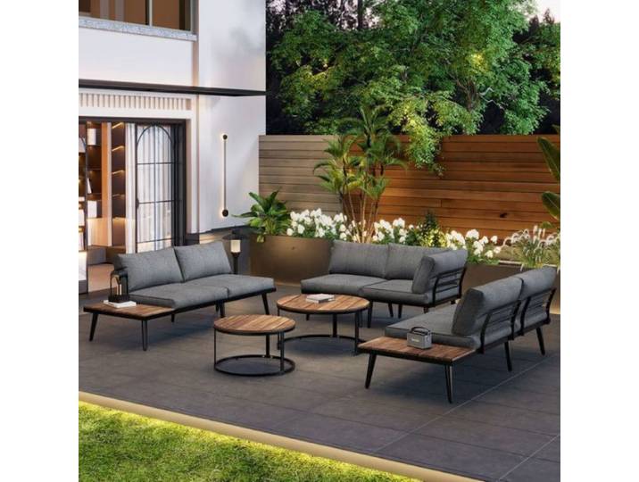 Salon de jardin Ensemble salon jardin 6 pièces modulable 5-6 places coussins 8cm anti-glisse cadre fer galvan SALON BAS DE JARDIN