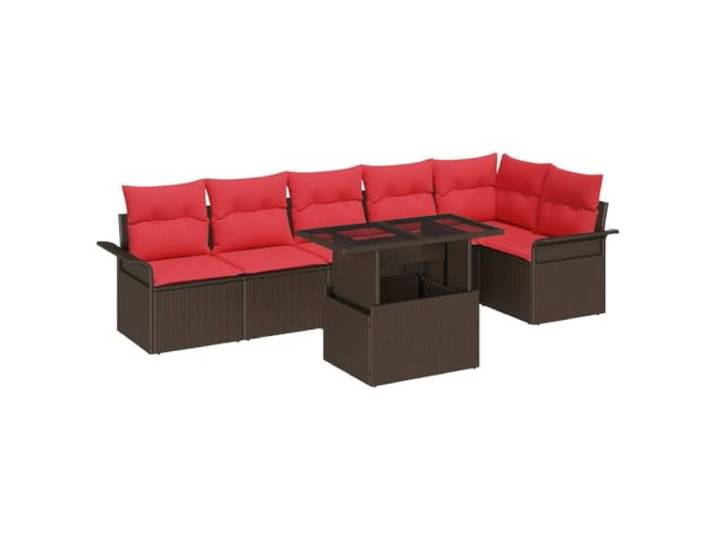 PUGYNBK Esszimmer-Set für den Außenbereich, 7-teilig, Braun, Polyrattan Tisch aus gehärtetem Glas, höhenverstellbar, Ecksofa, Garten, Stahl, pulverbeschichtet, wasserdicht
