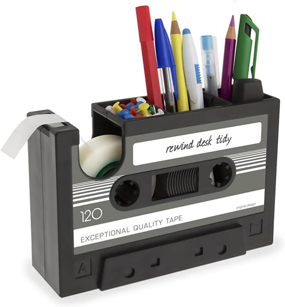 Retro cassette tape tapedispenser met penhouder en papercliphouder voor bureauorganisatie