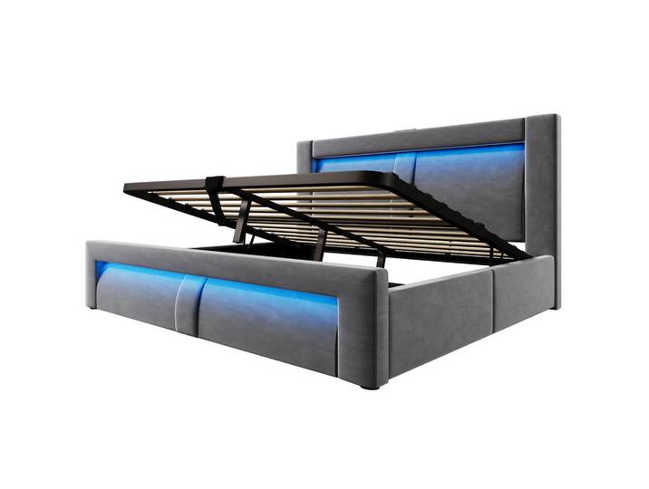 Oxeza Polsterbett 160/200 cm Grau mit Stauraum, LED-Beleuchtung, USB und Type-C-Ladeanschlüsse, Rechteckig, 160x200 cm, Schlafzimmer, Betten, Polsterbetten