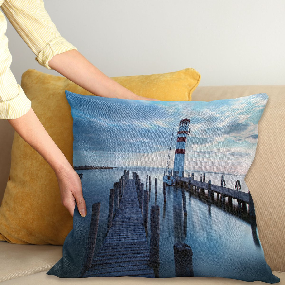 ABAKUHAUS Maritim Kussenhoes Leuchtturm Zee bij Zonsopgang, Dubbelzijdig Patroon, Donkerbruin Blauwgrijs, 40 x 40 cm