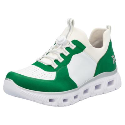 Slip-On Sneaker RIEKER "vegan", Damen, Gr. 39, Textil, grün (grün, weiß), Lederimitat, Textil, Schuhe, Schlupfschuh, Halbschuh, Freizeitschuh mit Schnellverschluss