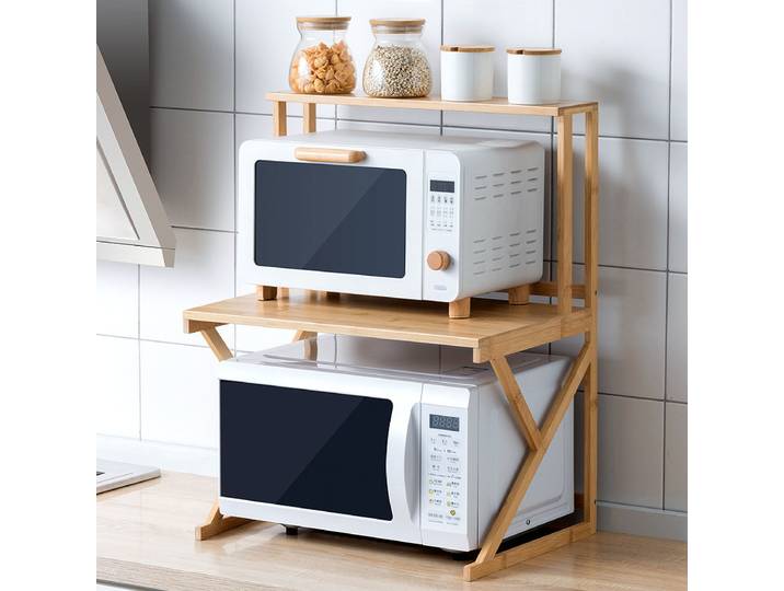 Étagère de cuisine comptoir Double four à micro-ondes étagère bureau assaisonnement four support de rangement bambou bois massif