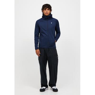 Fleecejacke PEAK PERFORMANCE "M Rider Essentials Midlayer Zip Hood", Herren, Gr. L, blau (dunkelblau), Oberstoff: 86% Polyester, 14% Elasthan. Futter: 86% Polyester, 14% Elasthan. Kragen: 86% Polyester, 14% Elasthan. Verzierung: 86% Polyester, 14%...