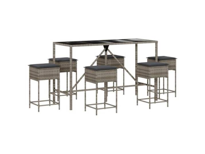 RJPLMFV Garten-Bar-Set, 7-teilig, Polyrattan, Grau Tisch aus Hartglas, dicke abnehmbare Kissen, Stahlrahmen, für den Außenbereich
