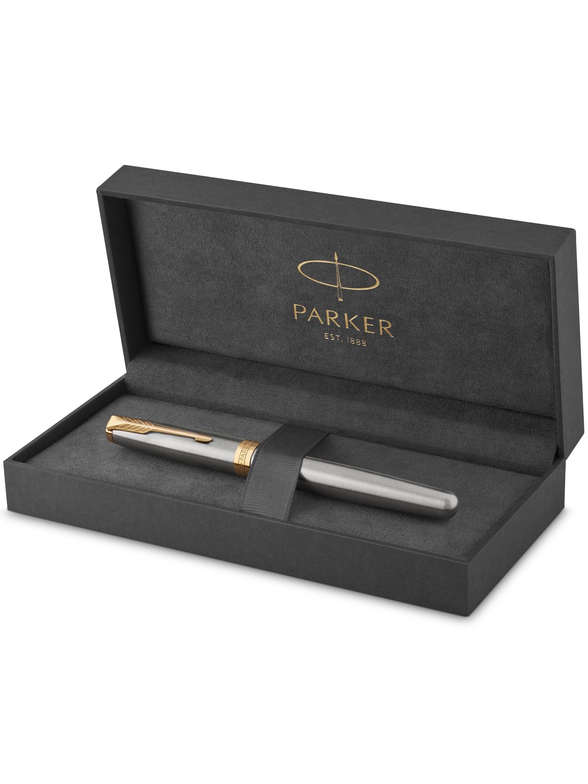 Parker Sonnet Tintenroller | Edelstahl mit Goldzierteilen | feine Spitze | Schwarze Tinte | Geschenkbox