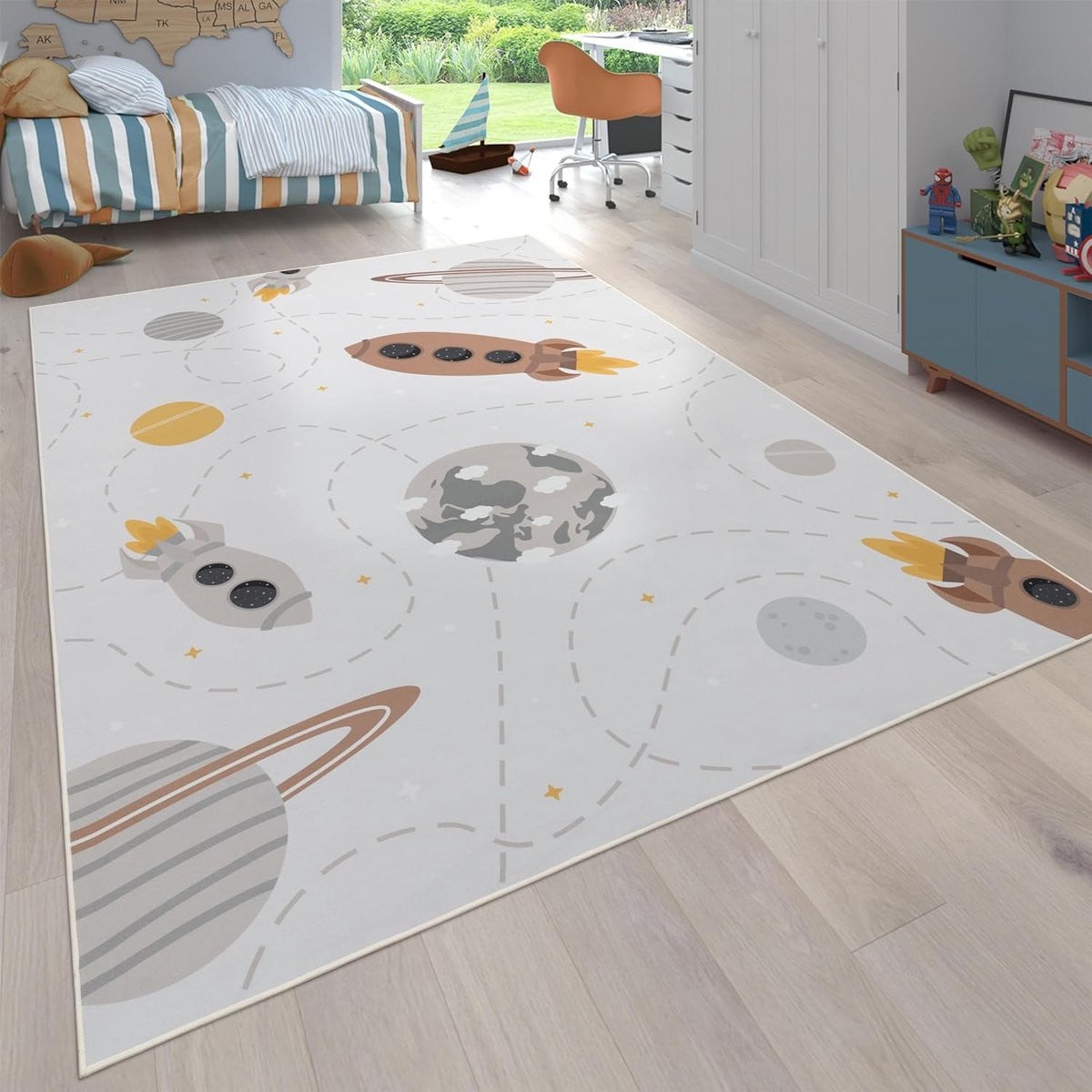 Rond Kinder Vloerkleed met Sterren en Raketten, Polyester, Ø 160 cm