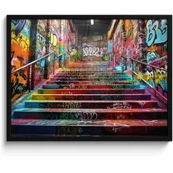 POSTER MIT RAHMEN Treppe - Graffiti - Farben - Kunst 80x60 cm