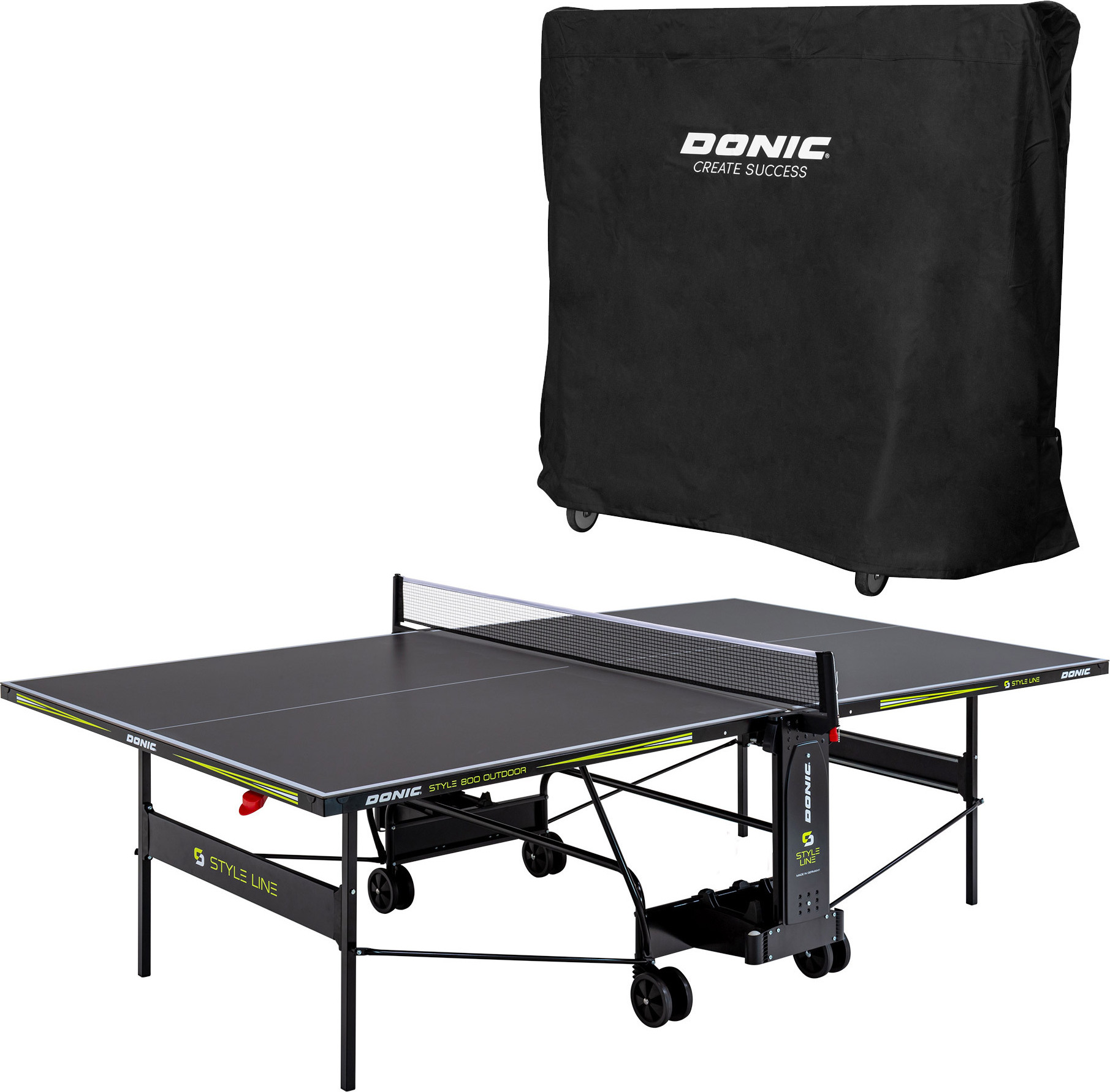 DONIC Outdoor + Indoor Tischtennisplatte Style 800 inklusive Abdeckhülle, inkl. Netz, Ball und Schlägerhalterung, klappbar, wetterfest, Profi-Maße
