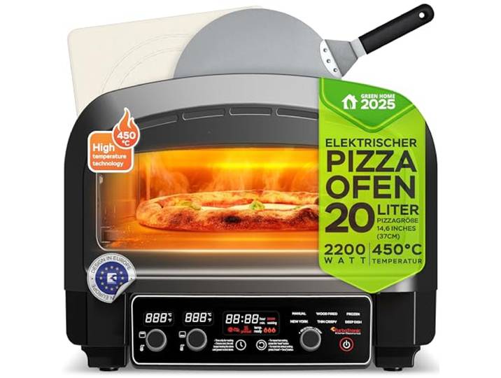Elektrischer Pizzaofen bis 450°C für 37cm (14,6 ) große Pizza New York mit Pizzastein Indoor/Outdoor 2200W Garten für Zuhause kleine Back Ofen Tisch Flammkuchen mobiler inkl. Pizzaschieber