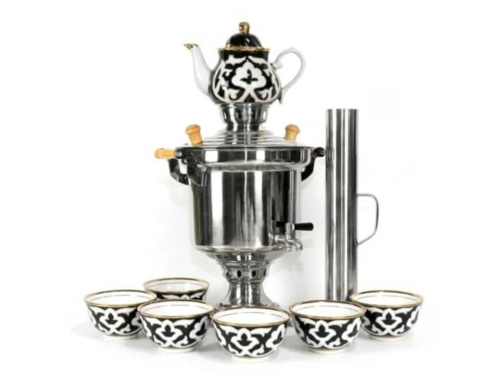 Set Samowar 5 Liter aus Edelstahl mit Schornstein Holzfeuer Holzkohle Русский Самовар на углях Teeservice Pahta Gul (7-teilig) Pahta gül in blau Porzellan Usbekisch