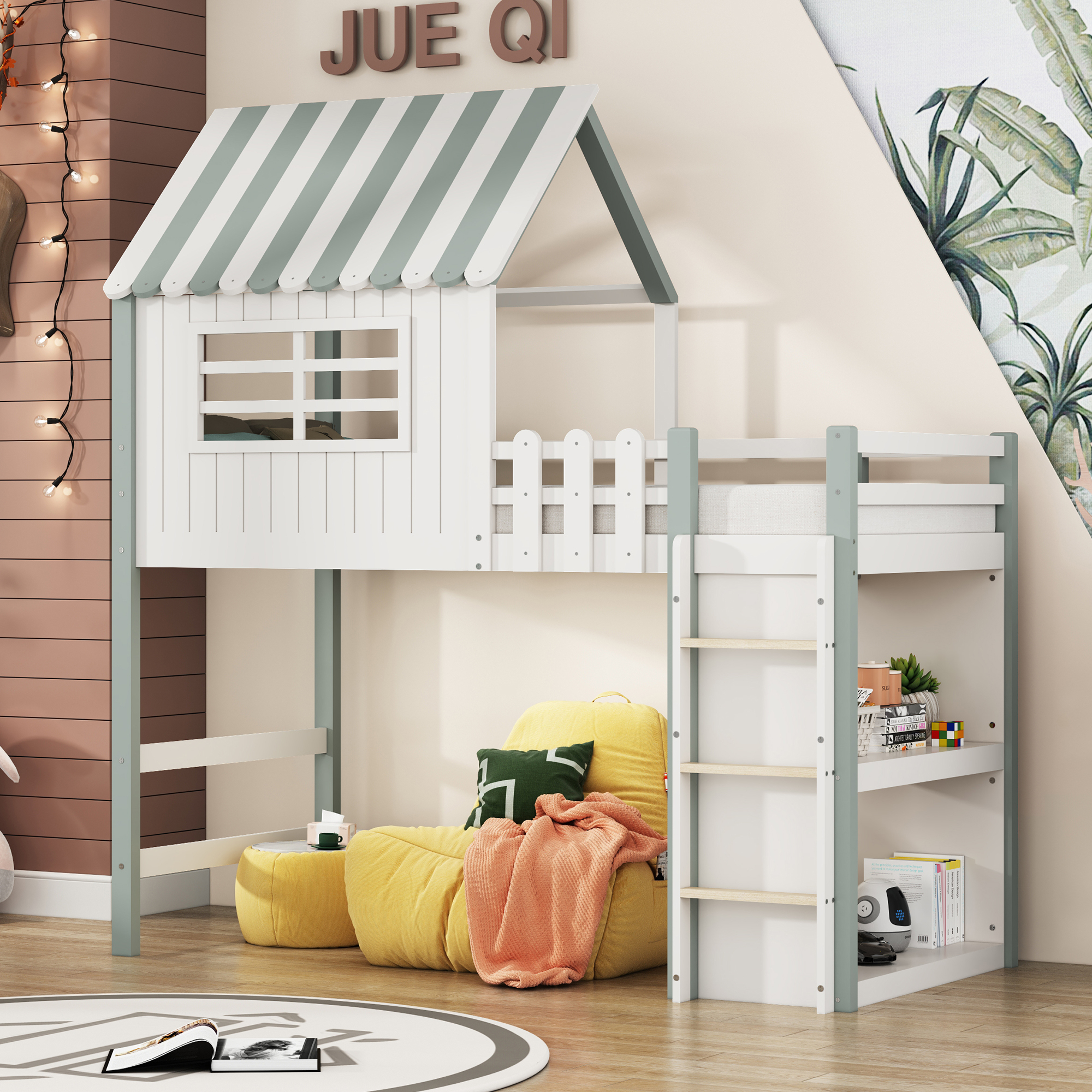 Merax Etagenbett Hochbett mit Ablagefach und Leiter, Kinderbett mit Rausfallschutz und Lattenrost, Massivholzbett Jugendbett mit Dachform und Fenster