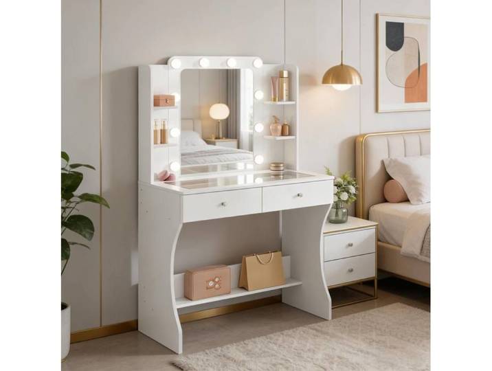 VUENOR Coiffeuse 80x135x40 cm blanche – miroir LED plateau en verre 2 tiroirs