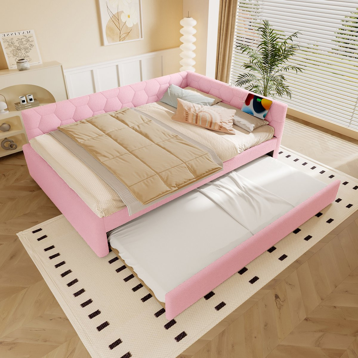 HAUSS SPOLE Dagbed met uittrekbed en USB-aansluiting, Roze, 140 x 200 cm