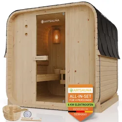 Artsauna Fasssauna Nolvik L - 4 Personen, mit 6 kW Ofen & Zubehör für Garten, Cube Design