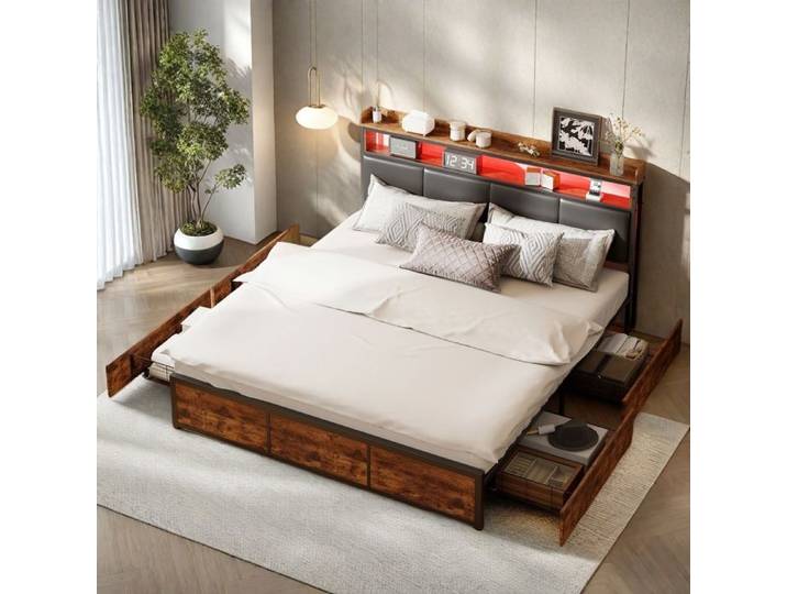 Lit Adulte 160x200 cm avce Éclairage LED Lit 2 Personnes Capitonné avce 4 Tiroirs Style Industriel en PU Noir