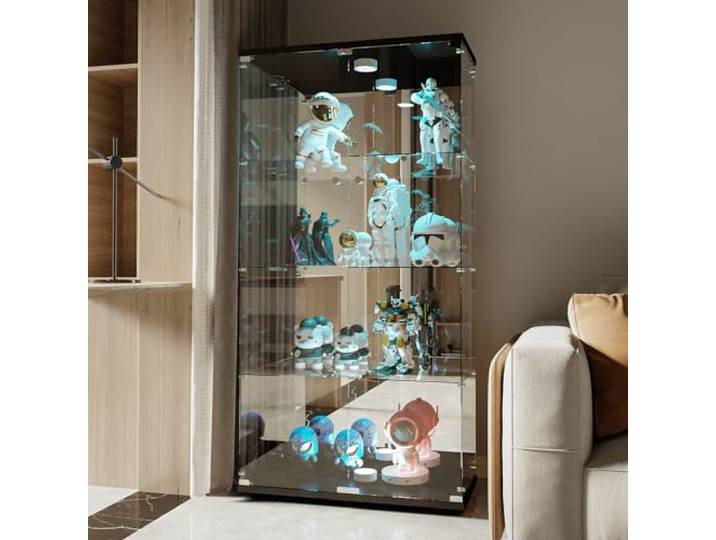 JiaOyu Glasvitrine mit LED-Beleuchtung, 4 Ebenen Vitrinenschrank mit 2 Türen und Schloss, Glasvitrine Staubdicht für Sammlungen, Standvitrine Glasschrank für Wohnzimmer Schlafzimmer Büro