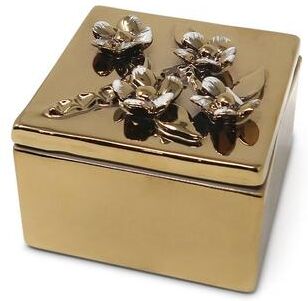 Vivience Square Gold Decorative Box With Flower Design On The Lid