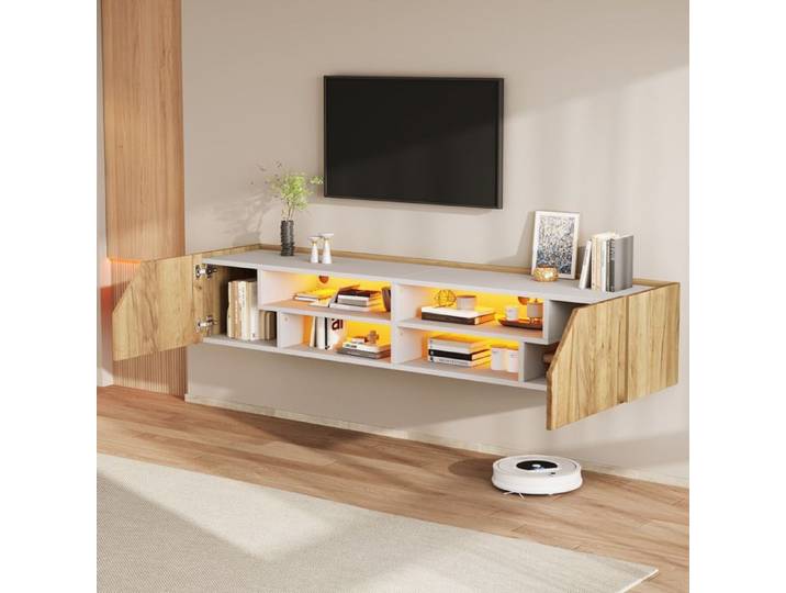 WOVREO Meuble TV mural 180 cm LED RGB Bluetooth 2 portes 6 rangements blanc et bois naturel