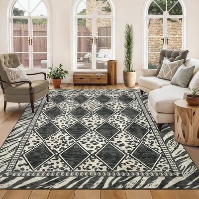 Garvee Leopard Print Contemporary Checkered Indoor Washable Area Rug