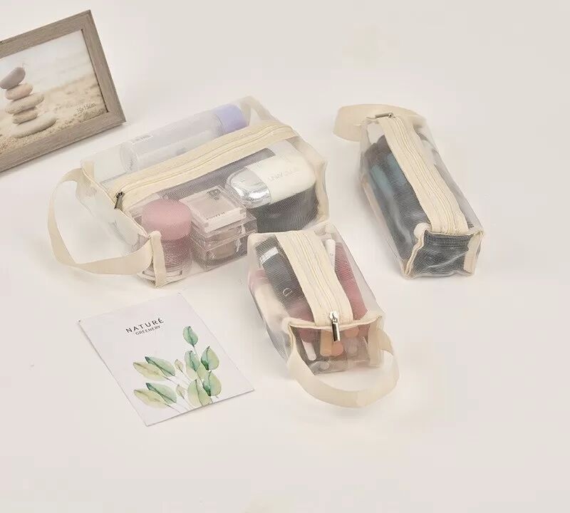 INF Kosmetiktasche 3er Set - Netzstoff Handtasche für Reise, Bad & Schwimmen Beige