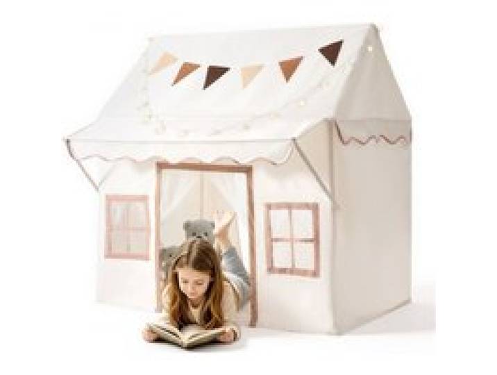 VEVOR Spielhaus Kinderzelt Spielzelt 2-in-1-Bettzelt 1300x900x1350 mm Beige, Möbel für Kleinkinder, mit Dach, Gepolsterter Matte, Sternenlichtern, Tragetasche, Flagge, Türen & Atmungsaktiven Fenstern