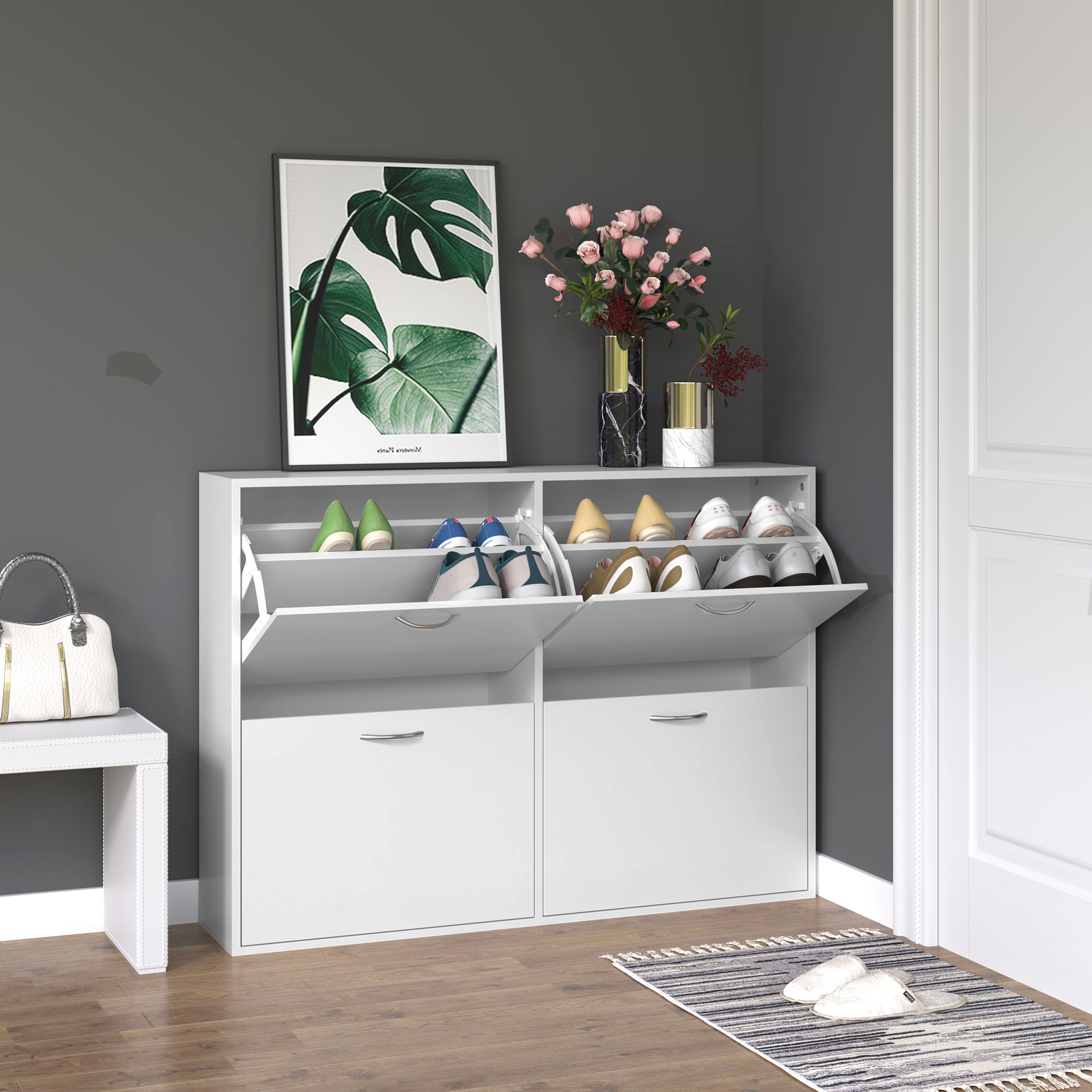 Homcom Armadio scarpiera slim con 2 cassetti e 2 ante, Scarpiera Salvaspazio per 12 Paia con Mensole regolabili per Ingresso, Bianco Aosom Italy